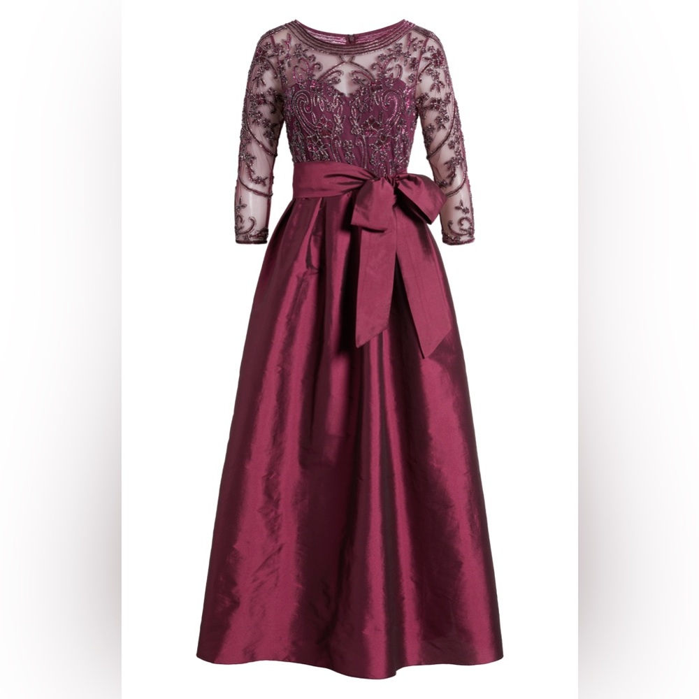 Pisarro Nights 12 Beaded Illusion Neck Taffeta Dress Gown Cocktail Maroon $268